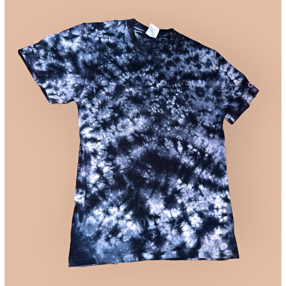 Champion Men’s Tie-Dye Logo T-Shirt Black/White Crew Neck Short Sleeve Sz M